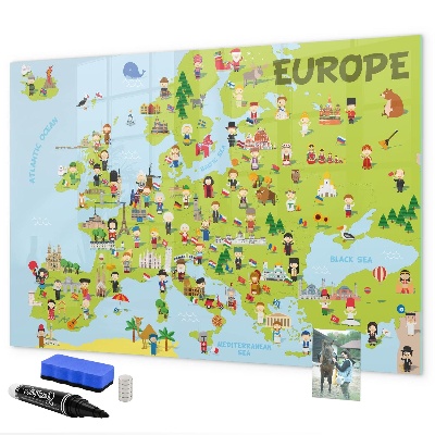 Decoratief glazen wandbord beschrijfbaar en magnetisch Interactieve kaart van Europa om uw reizen te markeren.