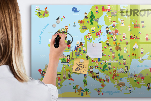 Decoratief glazen wandbord beschrijfbaar en magnetisch Interactieve kaart van Europa om uw reizen te markeren.