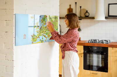 Decoratief glazen wandbord beschrijfbaar en magnetisch Interactieve kaart van Europa om uw reizen te markeren.