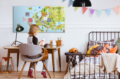 Decoratief glazen wandbord beschrijfbaar en magnetisch Interactieve kaart van Europa om uw reizen te markeren.