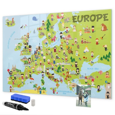 Decoratief glazen wandbord beschrijfbaar en magnetisch Interactieve kaart van Europa om uw reizen te markeren.
