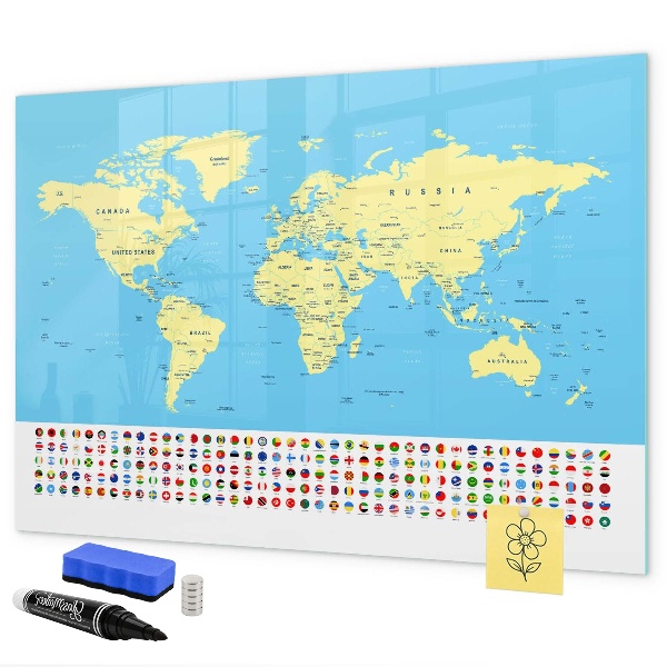 Decoratief glazen wandbord beschrijfbaar en magnetisch Wereldkaart met fotolocaties