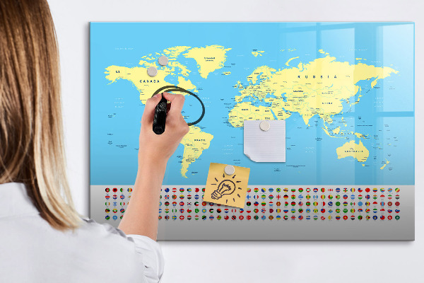Decoratief glazen wandbord beschrijfbaar en magnetisch Wereldkaart met fotolocaties