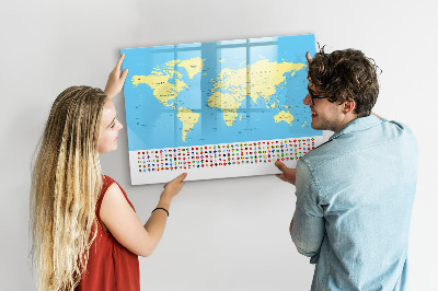 Decoratief glazen wandbord beschrijfbaar en magnetisch Wereldkaart met fotolocaties