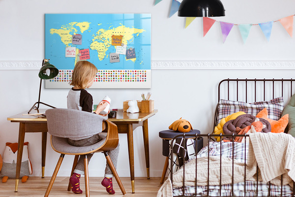 Decoratief glazen wandbord beschrijfbaar en magnetisch Wereldkaart met fotolocaties