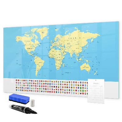 Decoratief glazen wandbord beschrijfbaar en magnetisch Wereldkaart met fotolocaties