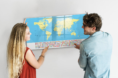 Decoratief glazen wandbord beschrijfbaar en magnetisch Wereldkaart met fotolocaties