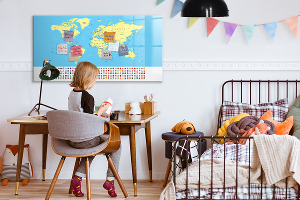 Decoratief glazen wandbord beschrijfbaar en magnetisch Wereldkaart met fotolocaties