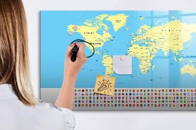 Decoratief glazen wandbord beschrijfbaar en magnetisch Wereldkaart met fotolocaties