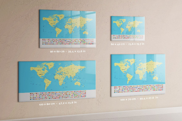 Decoratief glazen wandbord beschrijfbaar en magnetisch Wereldkaart met fotolocaties