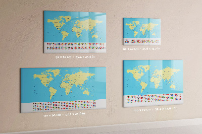 Decoratief glazen wandbord beschrijfbaar en magnetisch Wereldkaart met fotolocaties