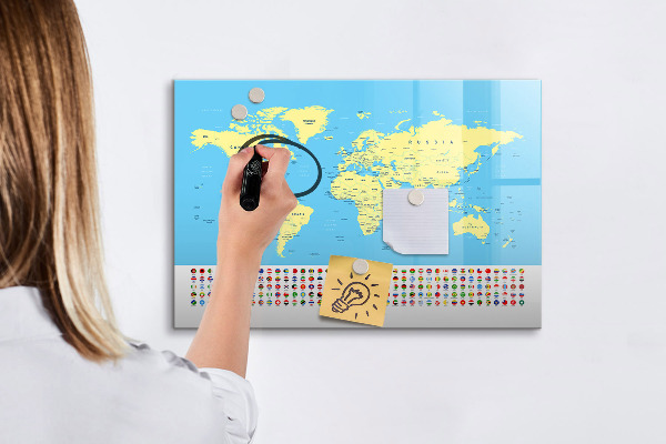 Decoratief glazen wandbord beschrijfbaar en magnetisch Wereldkaart met fotolocaties