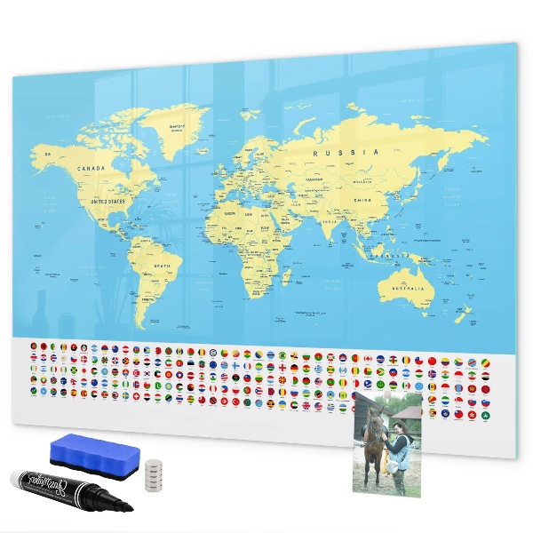 Decoratief glazen wandbord beschrijfbaar en magnetisch Wereldkaart met fotolocaties
