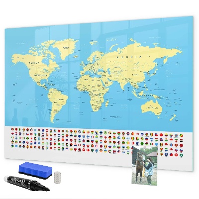 Decoratief glazen wandbord beschrijfbaar en magnetisch Wereldkaart met fotolocaties