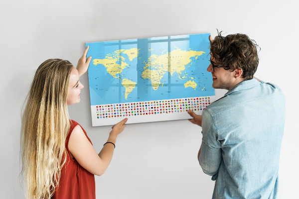 Decoratief glazen wandbord beschrijfbaar en magnetisch Wereldkaart met fotolocaties