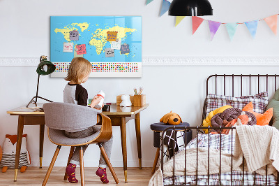 Decoratief glazen wandbord beschrijfbaar en magnetisch Wereldkaart met fotolocaties