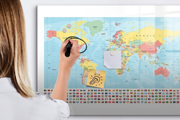 Memobord van glas met print inclusief neodymium magneten Wereldkaart met plaatsen om te markeren