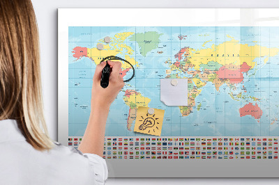 Memobord van glas met print inclusief neodymium magneten Wereldkaart met plaatsen om te markeren