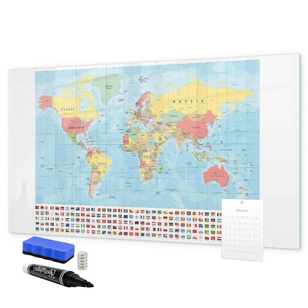 Memobord van glas met print inclusief neodymium magneten Wereldkaart met plaatsen om te markeren