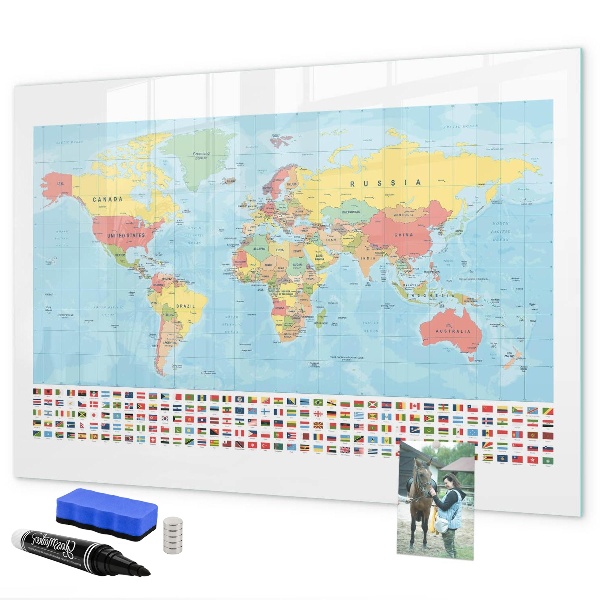 Memobord van glas met print inclusief neodymium magneten Wereldkaart met plaatsen om te markeren