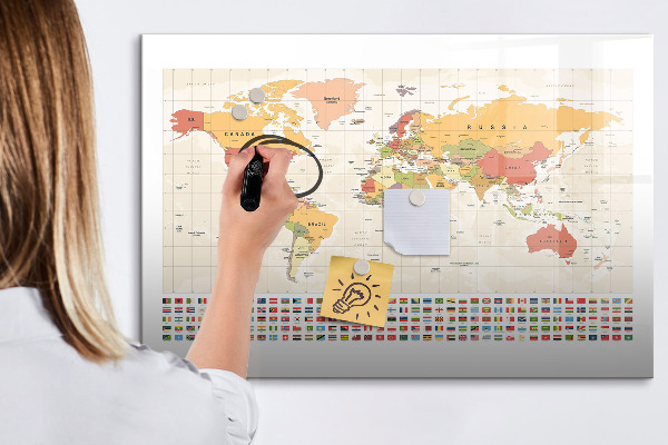 Decoratief glazen wandbord beschrijfbaar en magnetisch Wereldkaart voor fotopersonalisatie