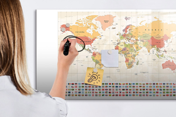 Decoratief glazen wandbord beschrijfbaar en magnetisch Wereldkaart voor fotopersonalisatie