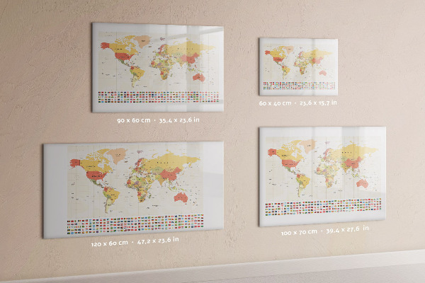 Decoratief glazen wandbord beschrijfbaar en magnetisch Wereldkaart voor fotopersonalisatie
