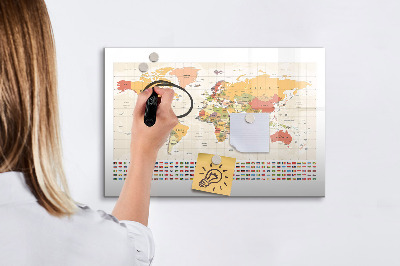 Decoratief glazen wandbord beschrijfbaar en magnetisch Wereldkaart voor fotopersonalisatie