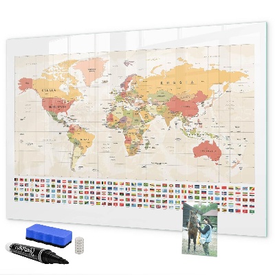 Decoratief glazen wandbord beschrijfbaar en magnetisch Wereldkaart voor fotopersonalisatie