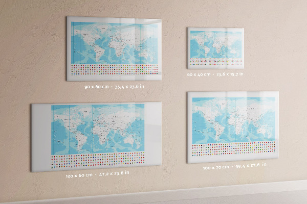 Memobord van glas met print inclusief neodymium magneten Wereldkaart met plaatsen om te markeren