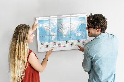 Memobord van glas met print inclusief neodymium magneten Wereldkaart met plaatsen om te markeren