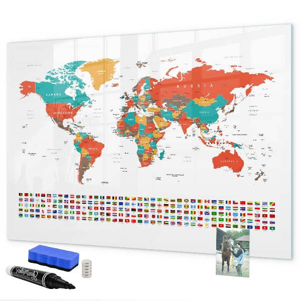 Decoratief glazen wandbord beschrijfbaar en magnetisch Interactieve wereldkaart met foto's