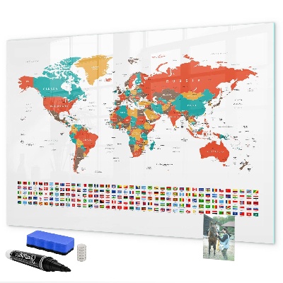 Decoratief glazen wandbord beschrijfbaar en magnetisch Interactieve wereldkaart met foto's