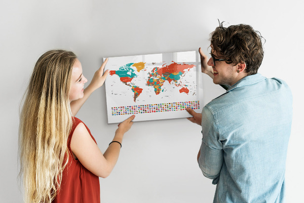 Decoratief glazen wandbord beschrijfbaar en magnetisch Interactieve wereldkaart met foto's