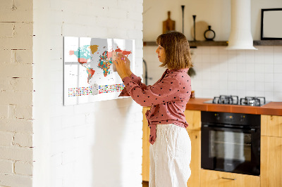 Decoratief glazen wandbord beschrijfbaar en magnetisch Interactieve wereldkaart met foto's