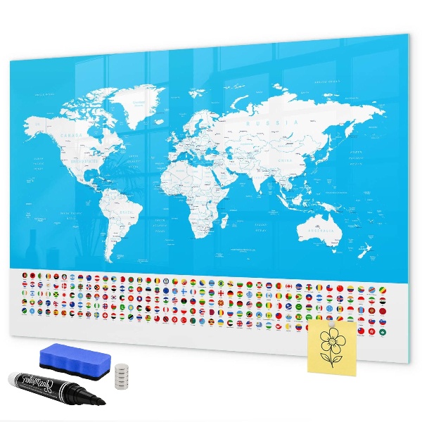 Memobord van glas met print inclusief neodymium magneten Wereldkaart met fotolocaties
