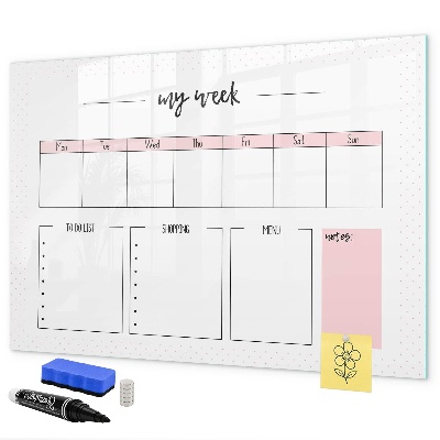 Memobord van glas met print inclusief neodymium magneten Weekplanner met ruimte voor foto's
