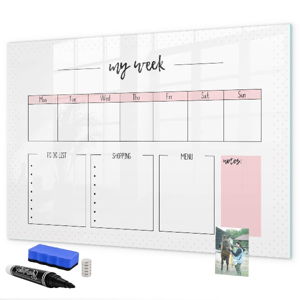 Memobord van glas met print inclusief neodymium magneten Weekplanner met ruimte voor foto's