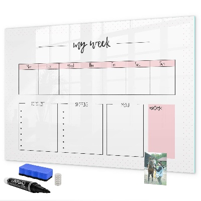 Memobord van glas met print inclusief neodymium magneten Weekplanner met ruimte voor foto's