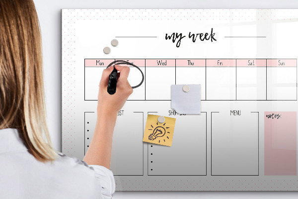 Memobord van glas met print inclusief neodymium magneten Weekplanner met ruimte voor foto's