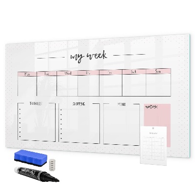 Memobord van glas met print inclusief neodymium magneten Weekplanner met ruimte voor foto's