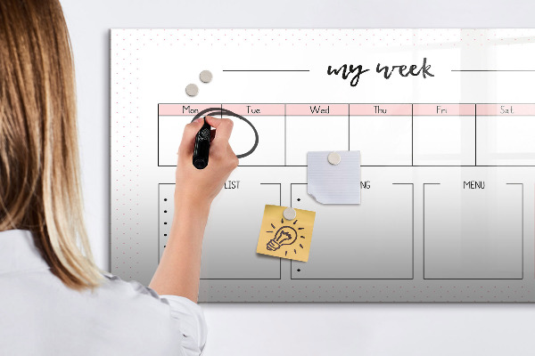 Memobord van glas met print inclusief neodymium magneten Weekplanner met ruimte voor foto's