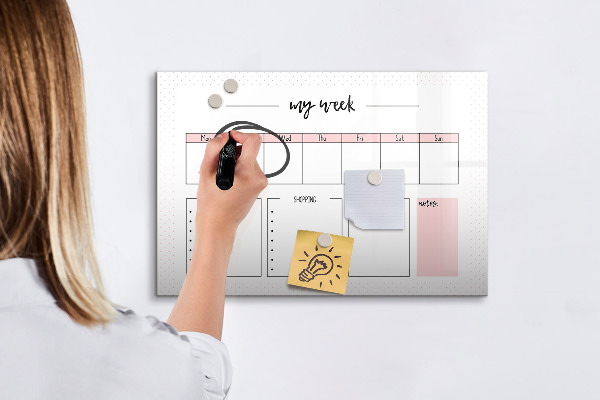 Memobord van glas met print inclusief neodymium magneten Weekplanner met ruimte voor foto's