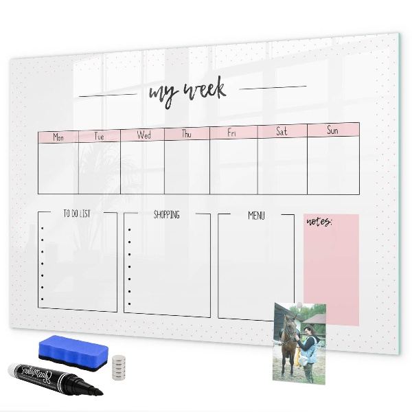 Memobord van glas met print inclusief neodymium magneten Weekplanner met ruimte voor foto's