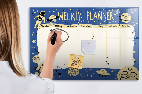 Decoratief glazen wandbord beschrijfbaar en magnetisch Weekplanner met een ruimtethema