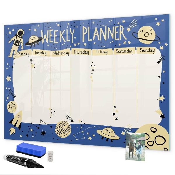 Decoratief glazen wandbord beschrijfbaar en magnetisch Weekplanner met een ruimtethema