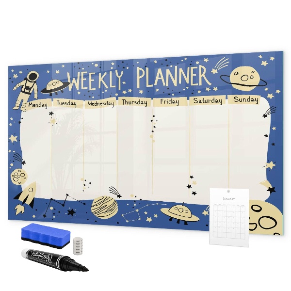 Decoratief glazen wandbord beschrijfbaar en magnetisch Weekplanner met een ruimtethema