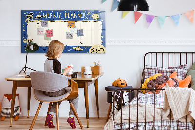 Decoratief glazen wandbord beschrijfbaar en magnetisch Weekplanner met een ruimtethema