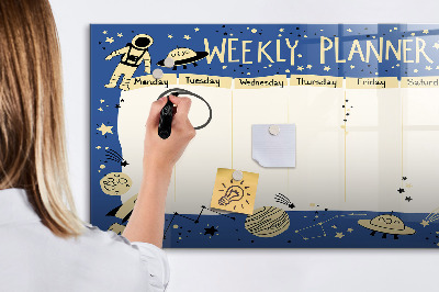 Decoratief glazen wandbord beschrijfbaar en magnetisch Weekplanner met een ruimtethema
