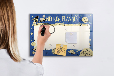 Decoratief glazen wandbord beschrijfbaar en magnetisch Weekplanner met een ruimtethema